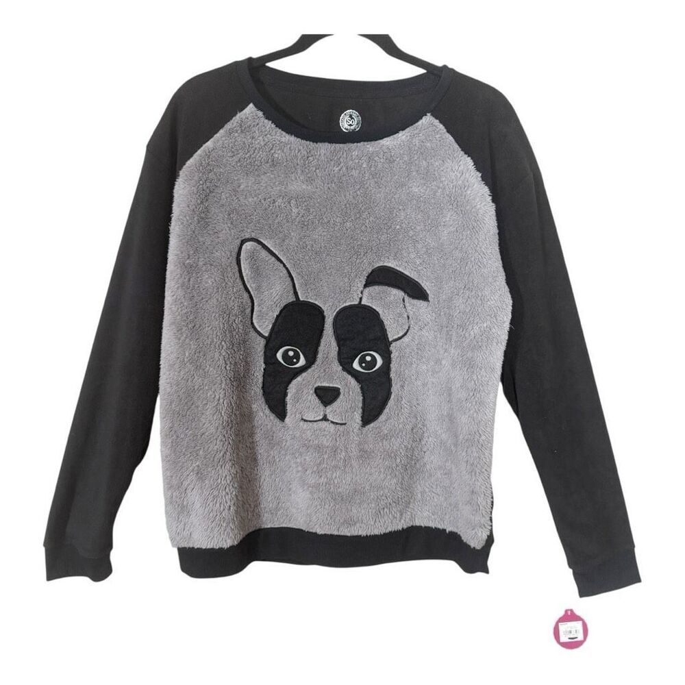 SO Intimates Women’s Gray‎ French Bulldog Fuzzy Cozy Pullover Pajama Top Large